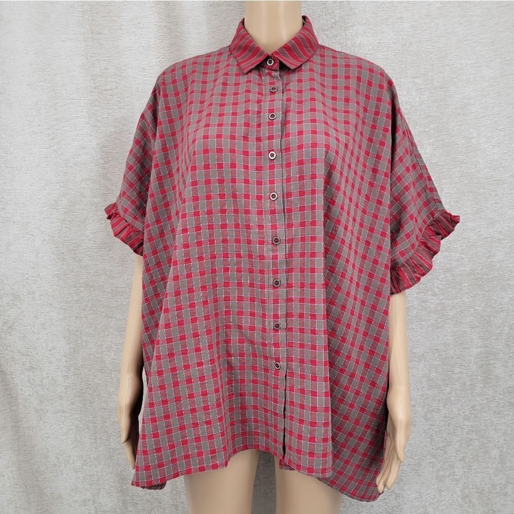I Joah Red Taupe Plaid Button Down Poncho Oversized Cotton Women's Small